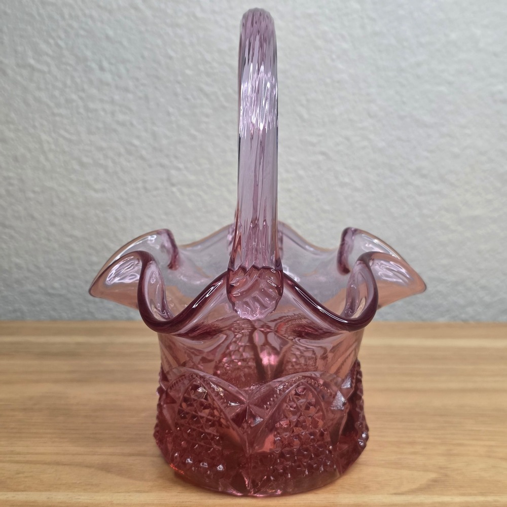 Fenton Dusty Rose Pink Button and Arches Glass Basket Twisted Handle Vintage MCM - Picture 3 of 11